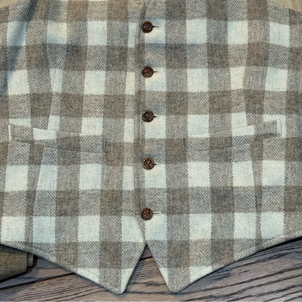 Vintage Topman 3pc.‎ Tan & Cream Buffalo Plaid Wool Suit Size Medium-ish C35